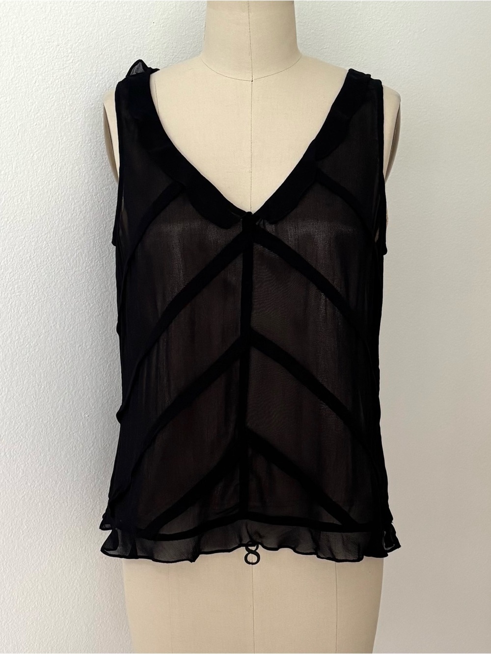Whitewash Kylie Ruffled Chevron Top NWT Black Chiffon Sleeveless Cottagecore M